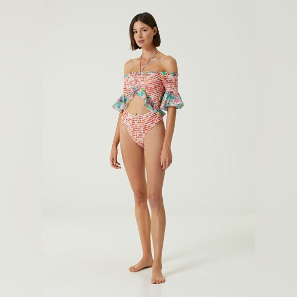 Rococo Sand Nesh Orange‎ Blue Ruffled Swimsuit size small - Picture 1 of 10